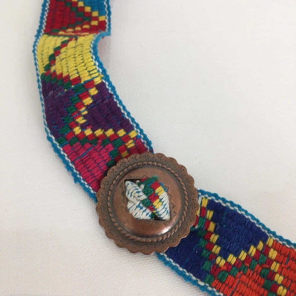 Vintage Colorful Western Handwoven Belt Copper Conchos Cowgirl Festival Tribal